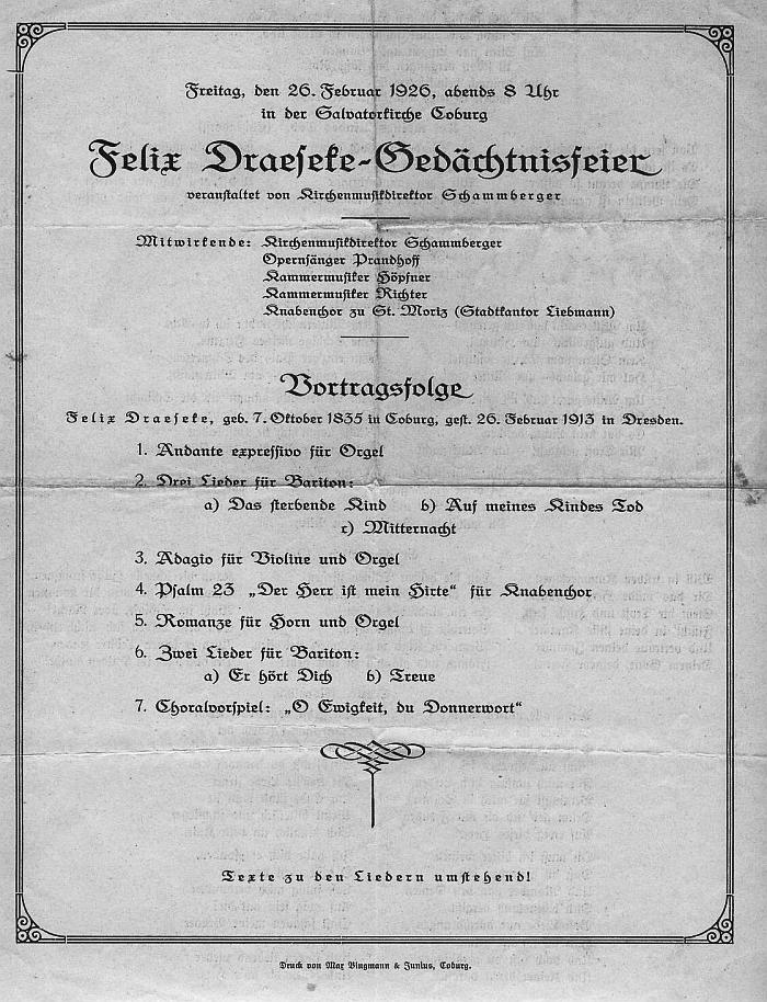 Salvatorkirche Coburg - Draeseke-Ged&auml;chtnisfeier (26 Feb 1926) Draeseke - Lendvai-Konz. Gesellschaftshaus Coburg (Okt 1926)