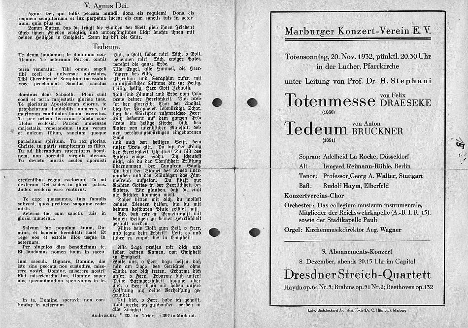 Pfarrkirche Marburg&nbsp;- Marburger Konzert-Verein E.V.: Draeseke - Requiem H-moll op. 22; Bruckner - Te Deum (Collegium Musicum, Konzertvereins-Chor, H. Stephani) - 20 Nov 1932