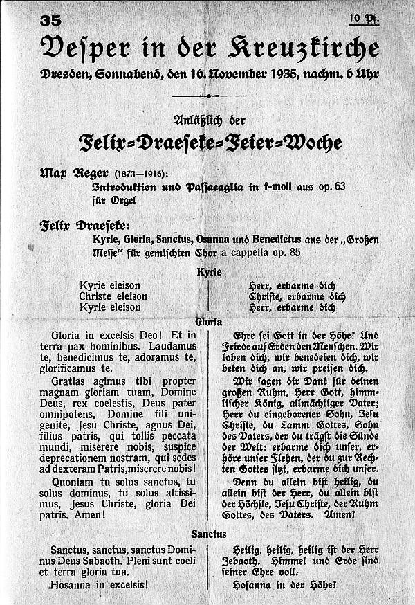 Kreuzkirche Dresden: Vesper in der Kreuzkirche. Draeseke - Gro&szlig;e Messe op. 85, Reger - Introduction and Passacaglia in f - Dresden 16 Nov 1935