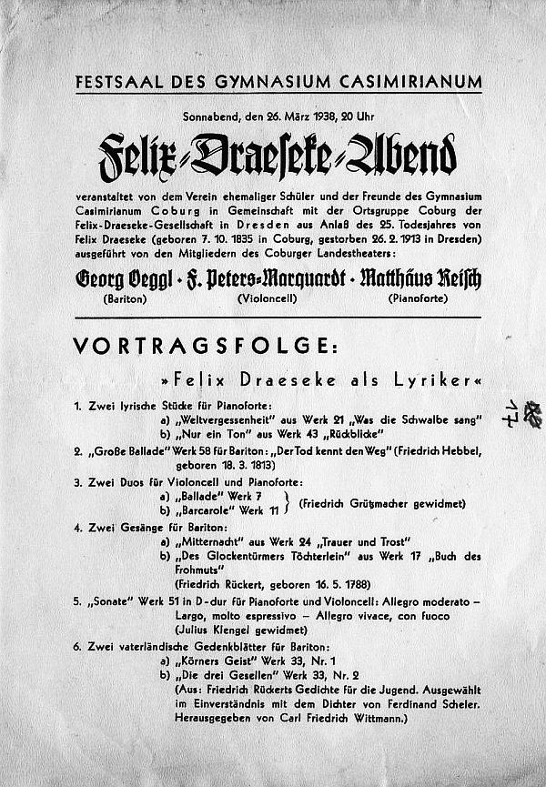 Festsaal des Gymnasium Casimirianum Coburg: Felix-Draeseke-Abend: Felix Draeseke als Lyriker (Oeggl, Peters-Marquardt, Reisch - Coburg&nbsp;26 M&auml;r 1938 