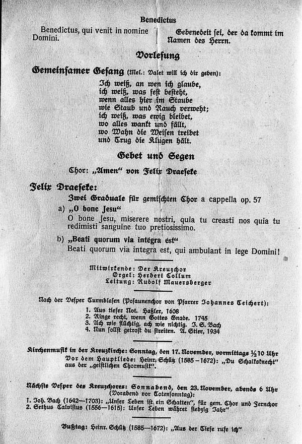 Kreuzkirche Dresden: Vesper in der Kreuzkirche. Draeseke - Gro&szlig;e Messe op. 85, Reger - Introduction and Passacaglia in f - Dresden 16 Nov 1935