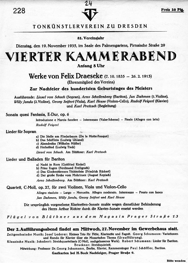 Saal des Palmengartens, Dresden - Tonk&uuml;nstlerverein zu Dresden: Kammerabend - Werke von Felix Draeseke (Sonata op 6, Lieder und Balladen, Quartett op 27) 19 Nov 1935 