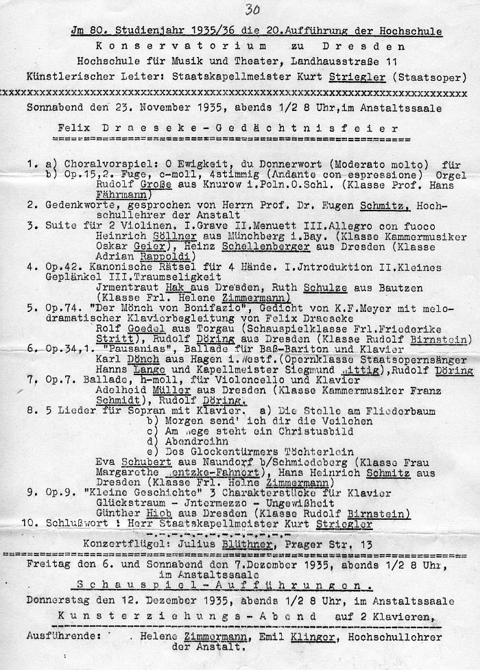 Konservatorium zu Dresden - Hochschule f&uuml;r Musik und Theater: Felix Draeseke-Ged&auml;chtnisfeier 23 Nov 1935