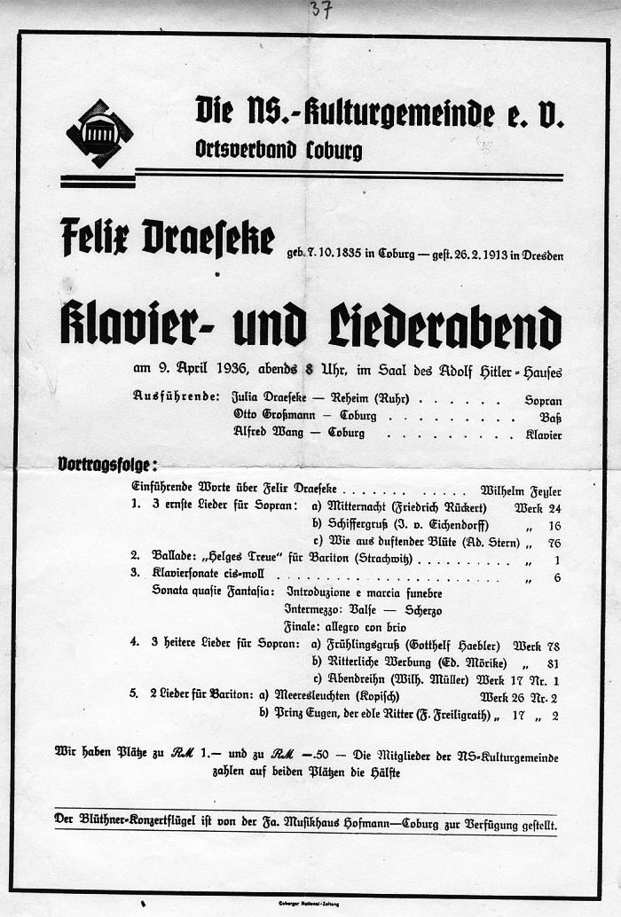 NS-Kulturgemeinde Coburg; Saale des Adolf Hitler-Hau&szlig;es: Felix Draeseke Klavier- und Liederabend - 9 Apr 1936