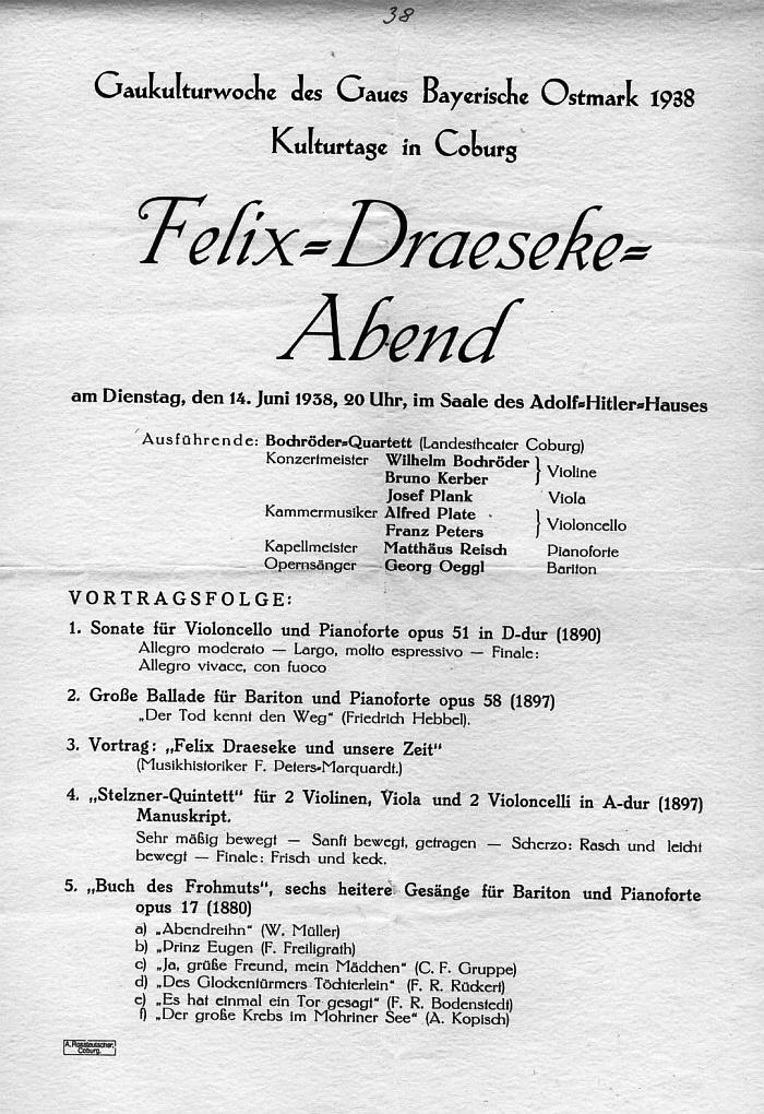 Gaukulturwoche des Gaues Bayerische Ostmark - Kulturtage in Coburg - Saal des Adolf Hitler-Hau&szlig;es: Felix-Draeseke-Abend (Stelzner Quintett, Sonata f&uuml;r Violon Cello, Gro&szlig;e Ballade, Buch des Frohmuts) Bochr&ouml;der-Quartett - 14 Jun 1938