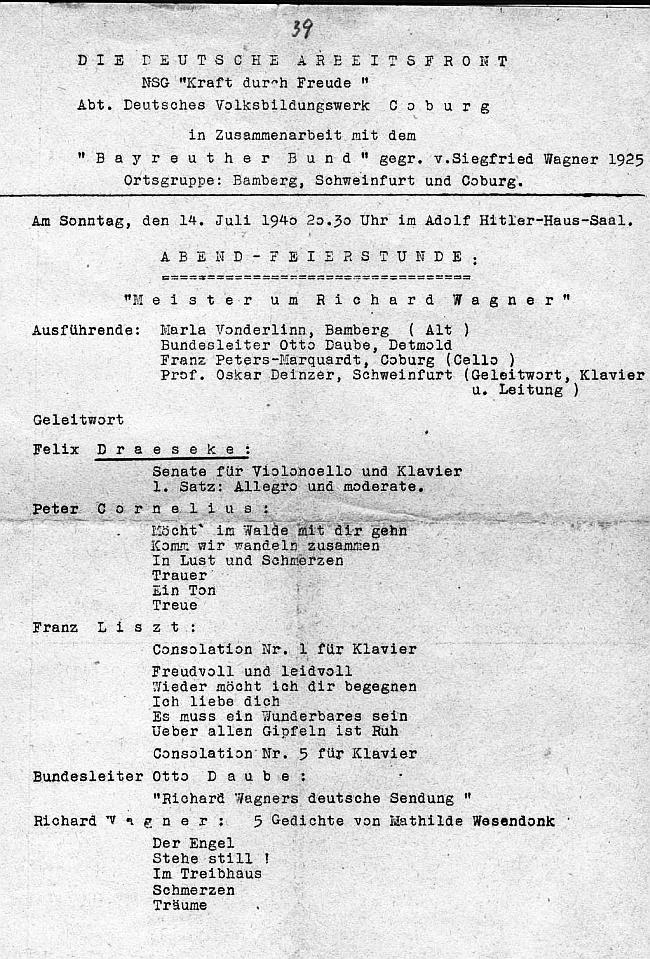 Feierstunde&nbsp;Deutsche Arbeitsfront - NSG "Kraft durch Freude" Adolf Hitler-Haus-Saal: Wagner, Cornelius, Liszt, Draeseke (Sonata f&uuml;r Violoncello) Coburg - 14 July 1940