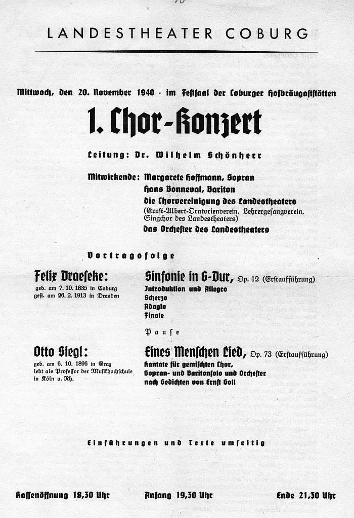 Landestheater Coburg - Festsaal Hofbr&auml;ugastst&auml;tten. Draeseke - Sinfonie,&nbsp;G-dur op. 12; Otto Siegl - Eines Menschen Lied op. 73. Orchester des Landestheaters, Wilhelm Sch&ouml;nherr - 20 Nov 1940