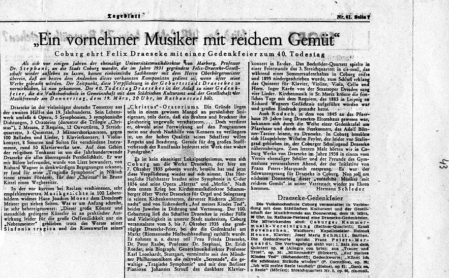 Rathaussaal Coburg - Gesellschaft Musikfr. Coburg 40. Todestag Draeseke (Quintett op 68; Trauer und Trost op 24; Quartett nr 3 op 66) Coburg - 19 M&auml;r 1953