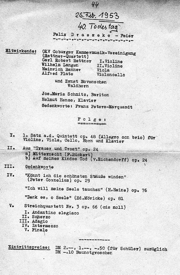 Rathaussaal Coburg - Gesellschaft Musikfr. Coburg 40. Todestag Draeseke (Quintett op 68; Trauer und Trost op 24; Quartett nr 3 op 66) Coburg - 19 M&auml;r 1953