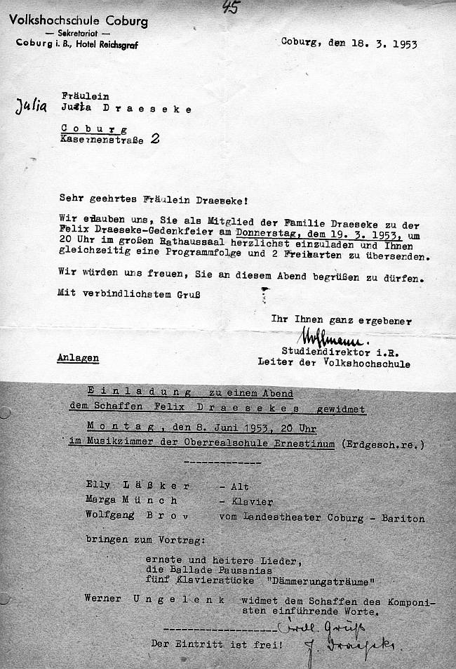 Musikzimmer der Oberrealschule Ernestinum - Felix Draeseke Abend (Lieder, Klavierst&uuml;cke) Coburg - 8 Jun 1953