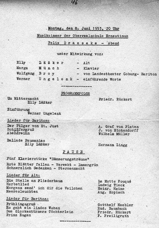 Musikzimmer der Oberrealschule Ernestinum - Felix Draeseke Abend (Lieder, Klavierst&uuml;cke) Coburg - 8 Jun 1953
