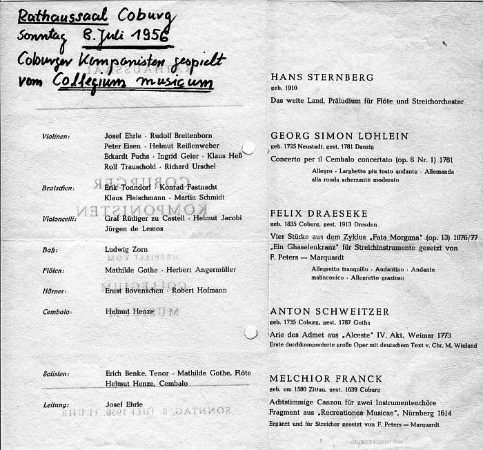 Rathaussaal Coburg - Coburger Komponisten&nbsp;(Collegium Musicum) Coburg - 8 Jul 1956