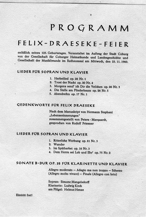 Rathaussaal Coburg - Draeseke&nbsp;125. Geburtstag&nbsp;(Lieder, Sontata op 38) Coburg -&nbsp;23 Nov 1960