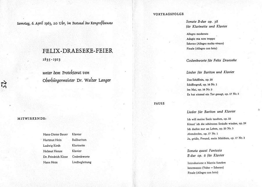 Festsall des Kongre&szlig;hauses Coburg - 50. Todestag Draeseke (sonata op 6; Sonata op 38; Lieder) Coburg - 6 Apr 1963