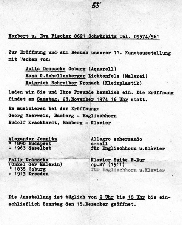Arch.&nbsp;Fischer Schw&uuml;rbitz - Felix Draeseke: Suite F-dur op 87 f&uuml;r Englischhorn und Klavier; Alexander Jemnitz: Allegro f&uuml;r Englischhorn und Klavier (Meerwein/Krackhardt) 23 Nov 1974 