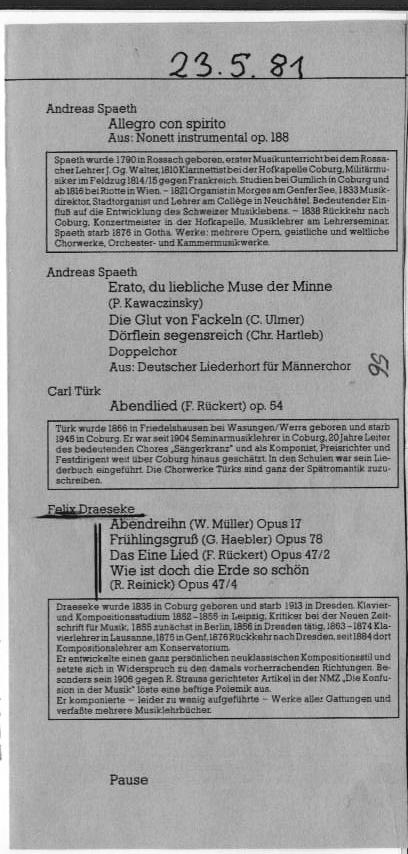 Jubil&auml;umskonzert 60 J.&nbsp;S&auml;ngerkranz Coburg: Draeseke Lieder - Coburg, 23 May 1981 