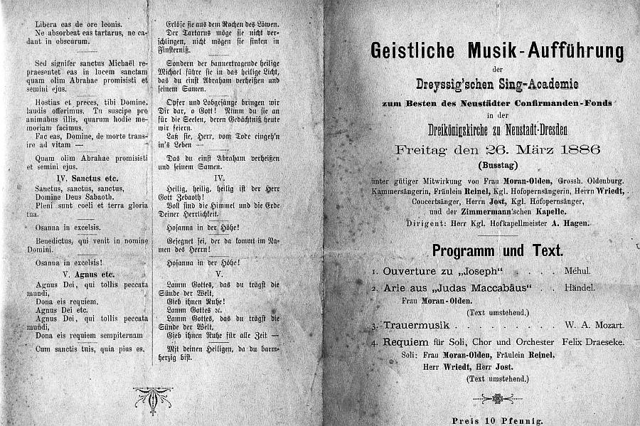 Dreik&ouml;nigskirche Dreseden. Geistliche Musik-Auff&uuml;hrung der Dreyssig'schen Sing-Academie: Mehul, H&auml;ndel, Mozart, Draeseke (Requiem H-moll op. 22). A. Hagen - 26 M&auml;r 1886 