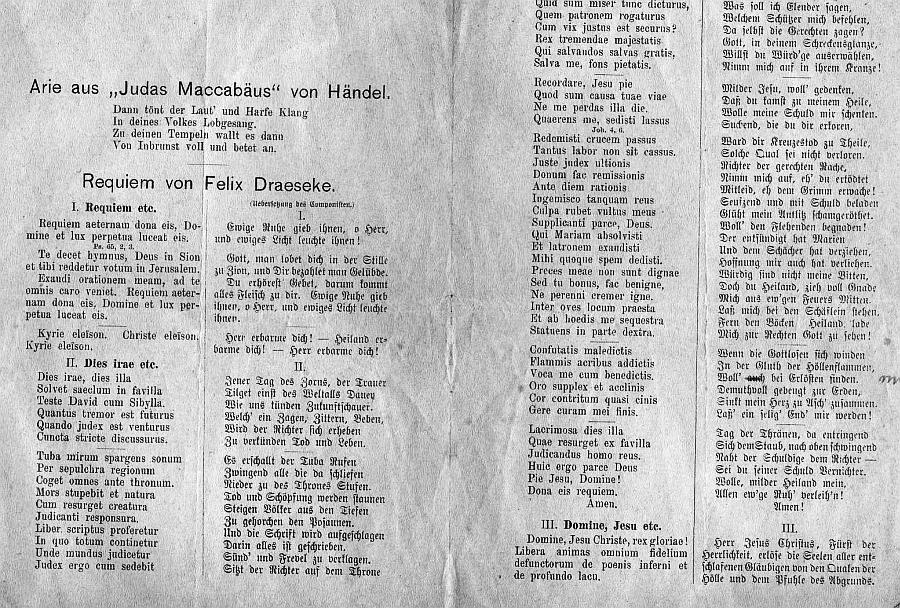 Dreik&ouml;nigskirche Dreseden. Geistliche Musik-Auff&uuml;hrung der Dreyssig'schen Sing-Academie: Mehul, H&auml;ndel, Mozart, Draeseke (Requiem H-moll op. 22). A. Hagen - 26 M&auml;r 1886 