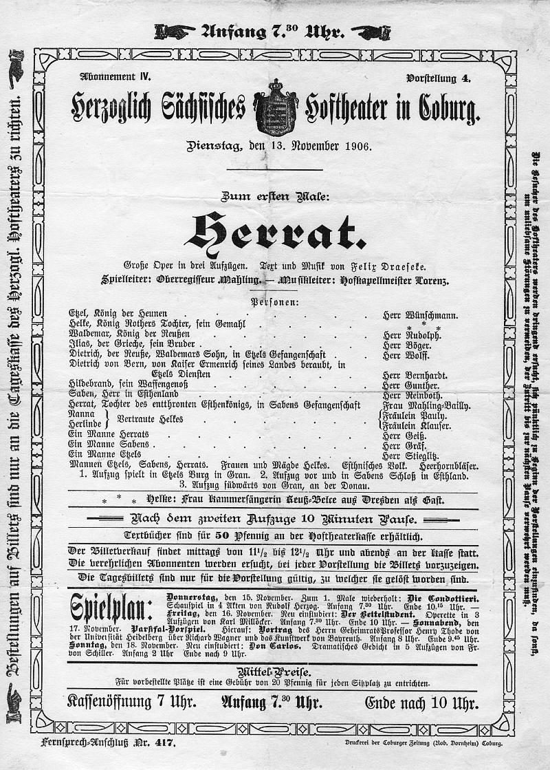 Oper Herrat - Hoftheater in Coburg&nbsp;(Lorenz) 13 Nov 1906