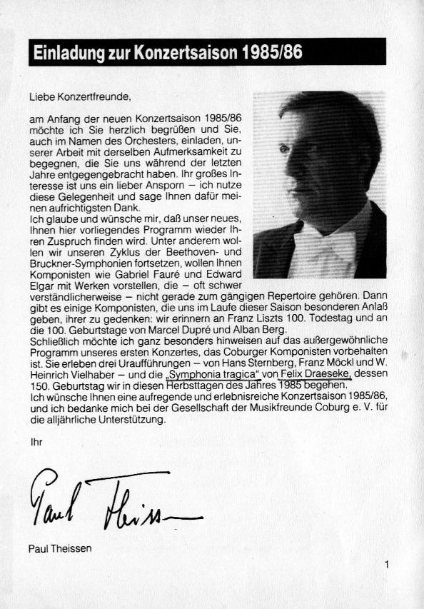Programmheft Landestheater Coburg: Erste Sinfoniekonzert (14 Okt 1985): Hans Sternberg - Kleine Symphonie im klassischen Stil; Franz M&ouml;ckl- Symphonische Huldigung an Adalbert Stifter; Wilhelm Heinrich Vielhaber - Orchester-Paraphrase &uuml;ber "Papageno"; Felix Draeseke - Symphonia tragica op. 40 (Orchester des Landestheaters, GMD Paul Theissen)