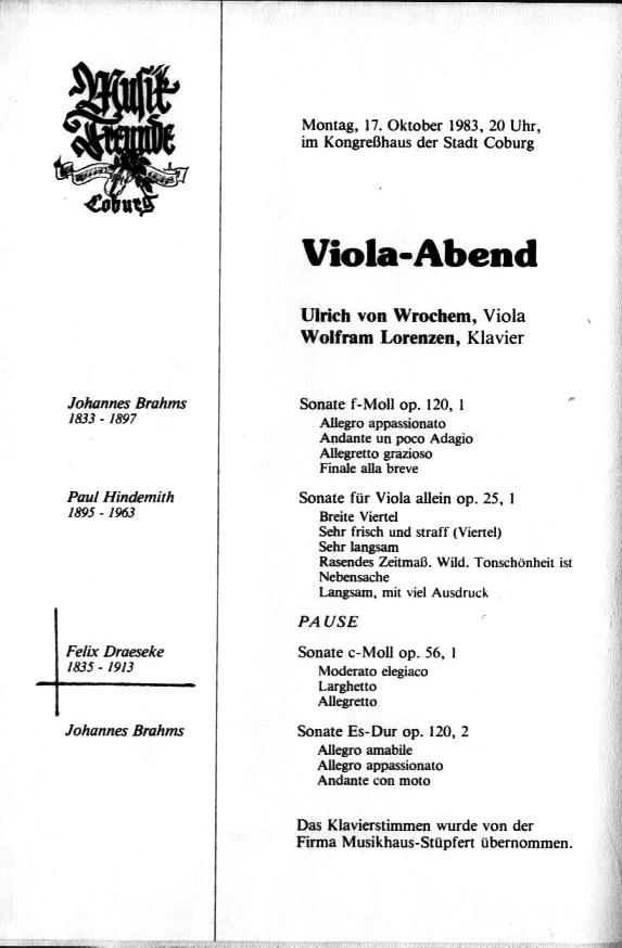 Kongre&szlig;haus Coburg - Viola-Abend: Brahms, Hindemith, Draeseke (Sonate op .56,Nr.1) Wrochem/Lorenzen - 17 Okt 1983