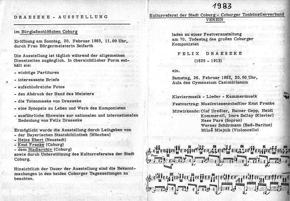 Gymnasium Casimirianum - Draeseke: Klaviermusik; Lieder; Kammermusik am 70.&nbsp;Todestag - Coburg 26 Feb 1983 