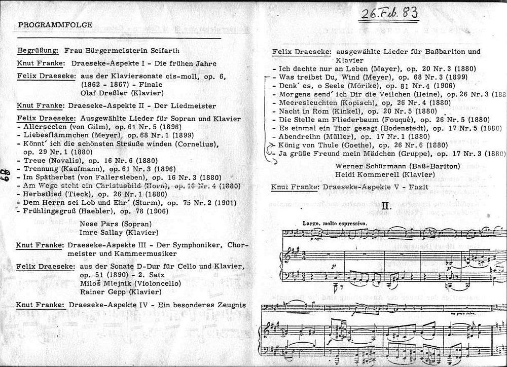 Gymnasium Casimirianum - Draeseke: Klaviermusik; Lieder; Kammermusik am 70.&nbsp;Todestag - Coburg 26 Feb 1983 