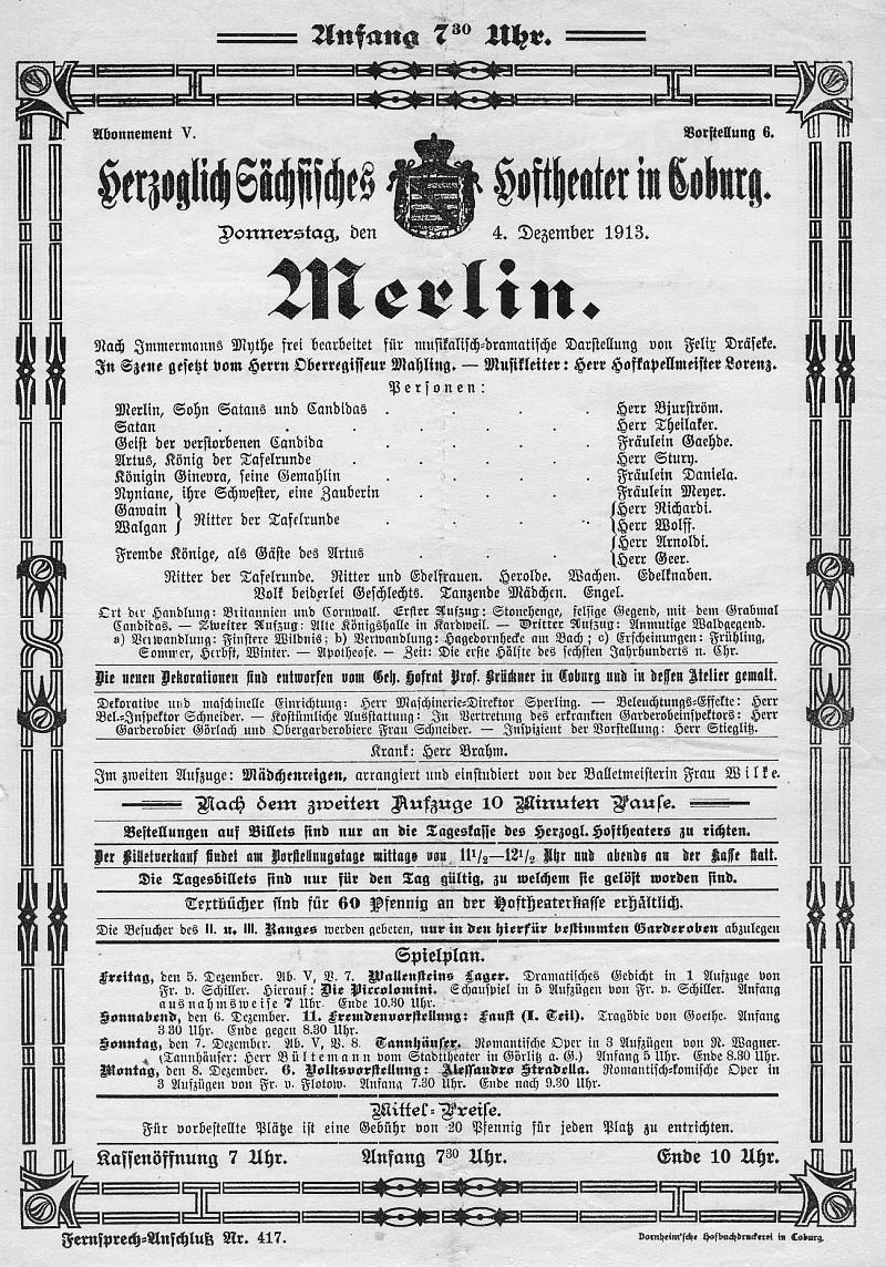 Oper Merlin - Hoftheater in Coburg&nbsp;(Lorenz) 4 Dec 1913
