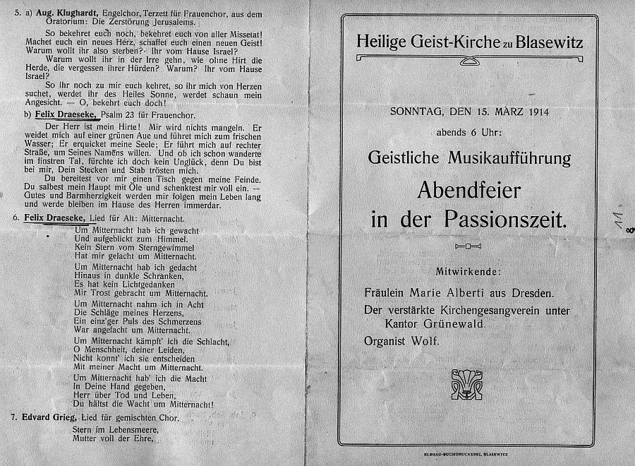 Heilige Geist-Kirche zu Blasewitz: Abendfeier in der Passionszeit. Rheinberger, CPE Bach, JS Bach, Klughardt, Draeseke (Psalm 23, f&uuml;r Frauenchor), Grieg - Dresden 15 M&auml;r 1914