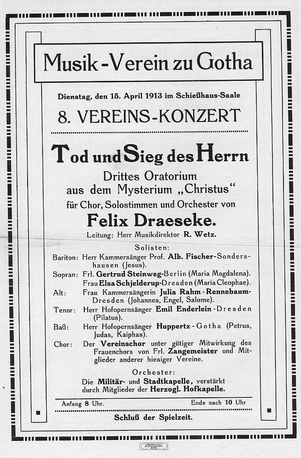 Schie&szlig;haus-Saale Gotha: Draeseke Christus,&nbsp;III.Oratorium Tod und Sieg des Herrn. Musik-Verein Gotha&nbsp;15 April 1913