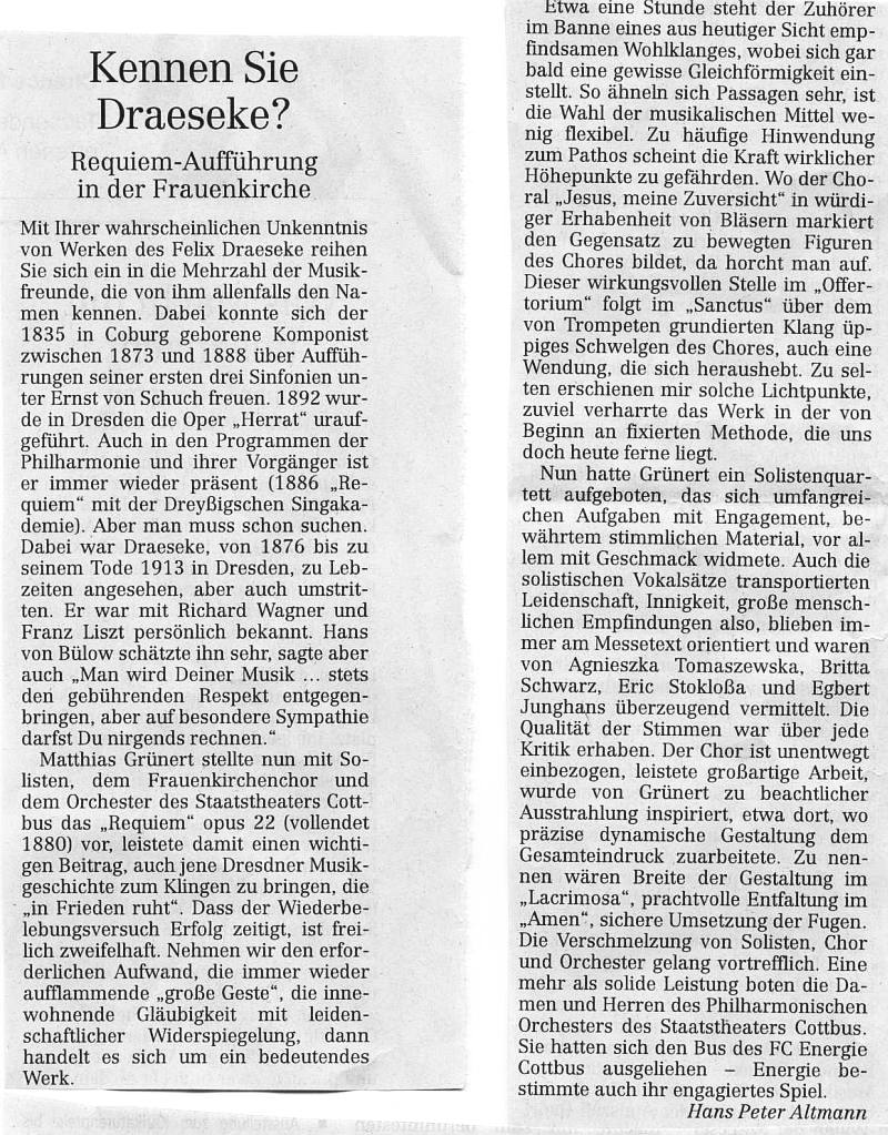 Kennen Sie Draeseke? Requiem Auff&uuml;hrung in der Frauenkirche. Hans Peter Altmann (Dresdner Neueste Nachrichten) 