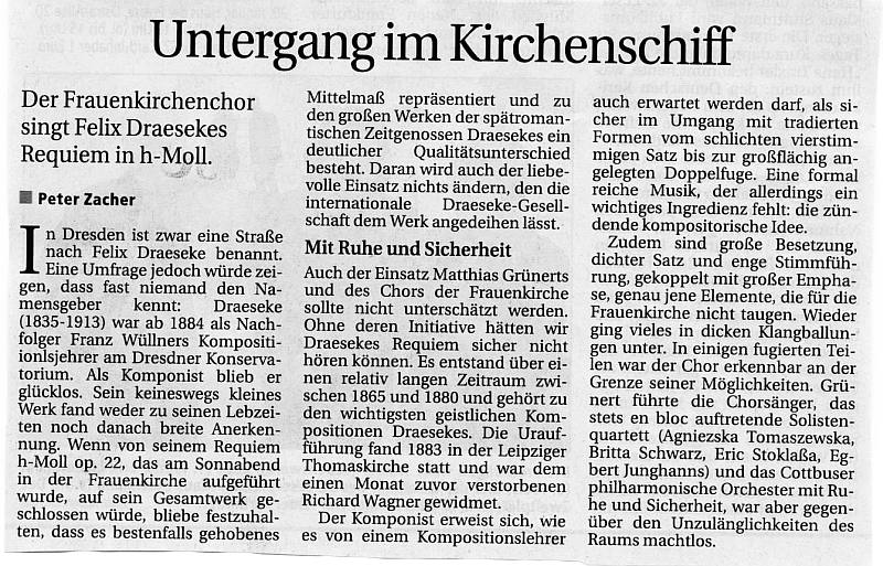 Untergang im Kirchenschrift. Der Frauenkirchenchor singt Felix Draesekes Requiem in h-Moll. Peter Zacher (S�chsische Zeitung)